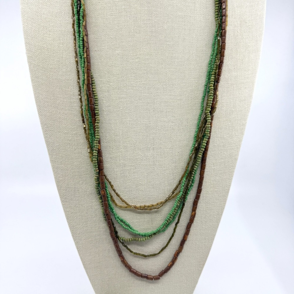 Green Brown Multi Strand Seed Bead Wood Necklace Long Boho Statement Jewelry